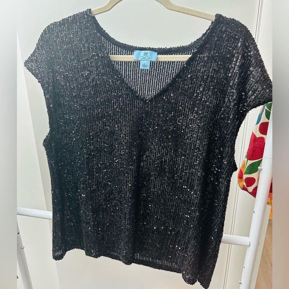 CeCe Black Sequin V-Neck Blouse